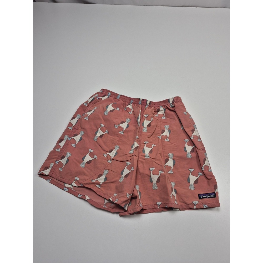Patagonia Baggies Shorts Mens Medium Pink Fish Print Swim Trunks Lined FLAW